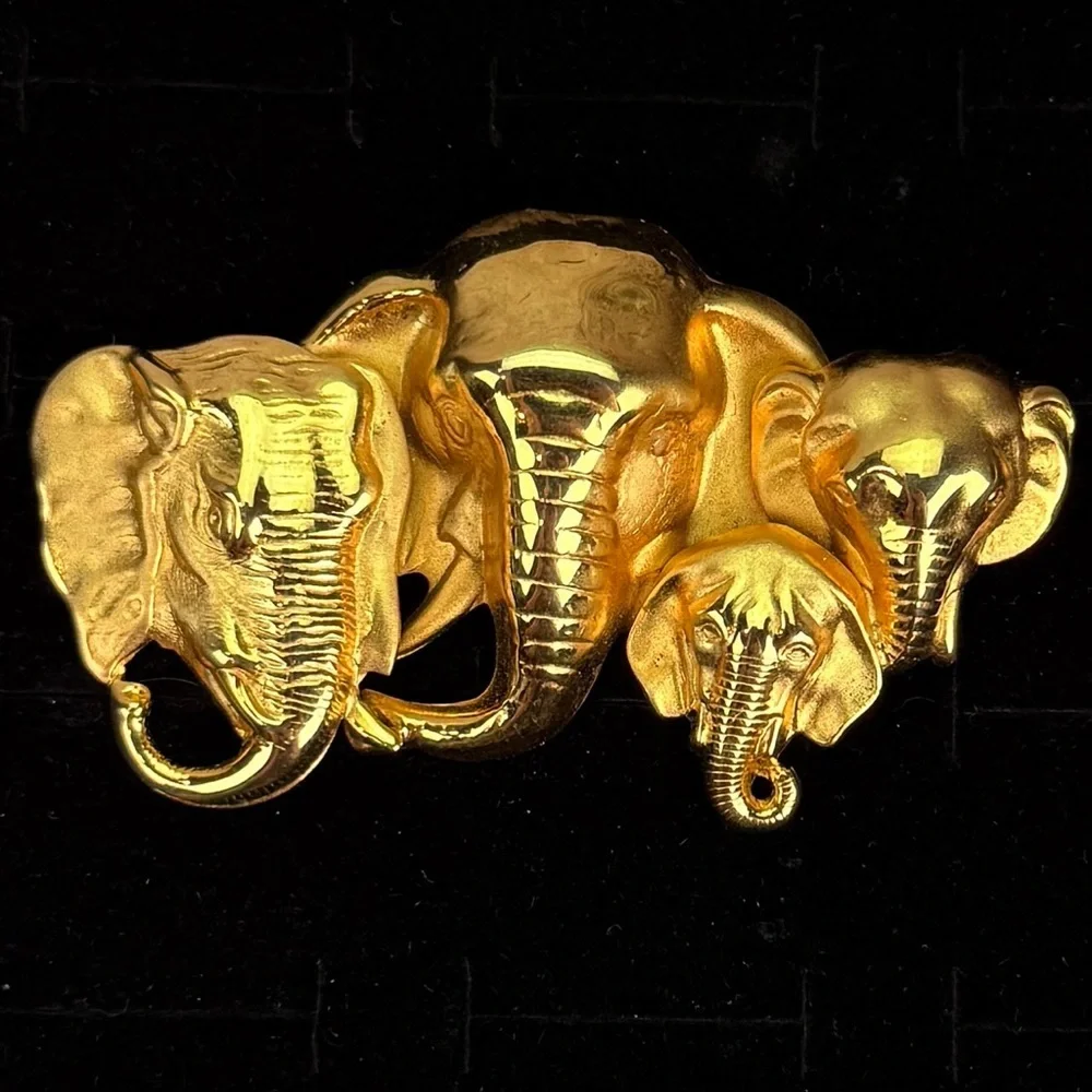 Vintage Goldtone Elephant Family Brooch Pin